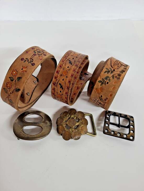 Handmade Accessories - Vintage Handmade Belts & Buckles Women's Set of 3 Boho Mushrooms Floral Birds